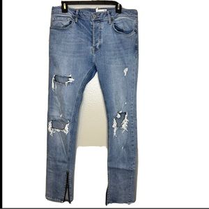 Topman Button Fly stretch skinny distressed men’s light wash skinny jeans 34